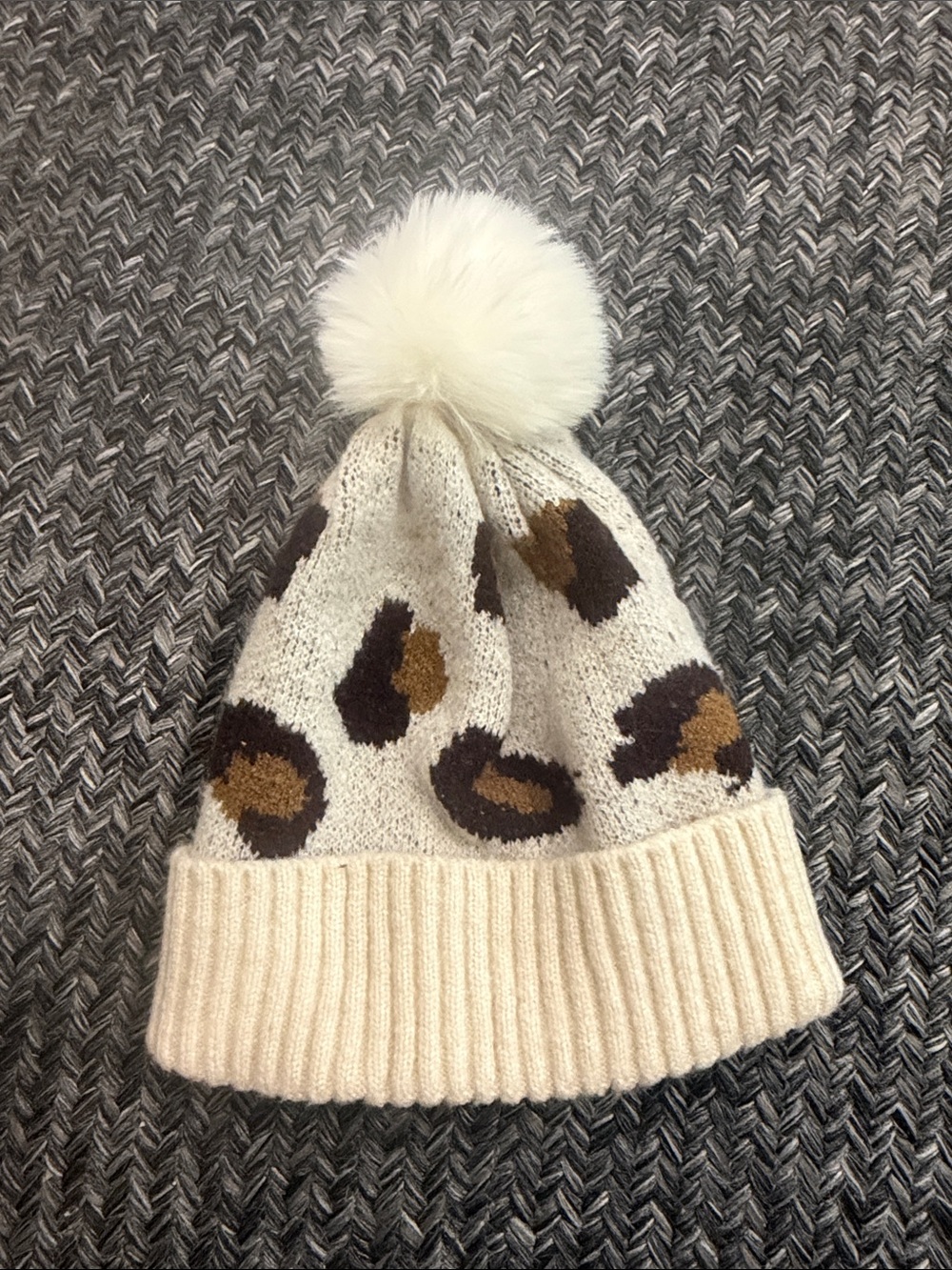 Kids Cream Leopard Print Pom Beanie
